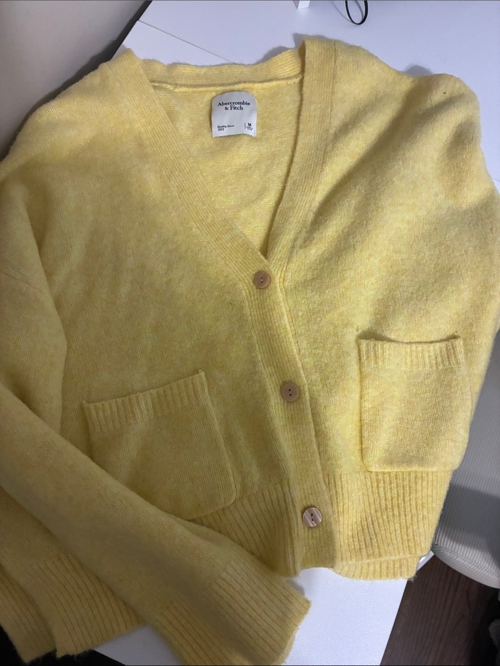 Abercrombie & Fitch Soft Yellow V-Neck Pocket Cardigan